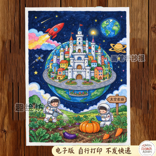 科学幻想科技创新科幻画手抄报模板电子版现代化农场绘画线稿