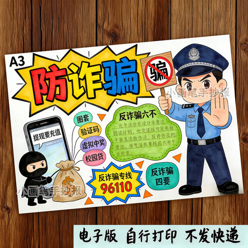 673-防诈骗反有组织犯罪电信网络欺诈安全教育主题绘画手抄报模板