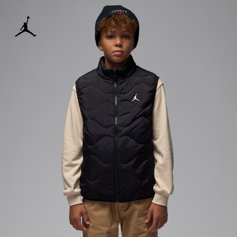 耐克乔丹大童羽绒绗缝马甲冬季新款男童保暖连帽JORDAN IQ9822