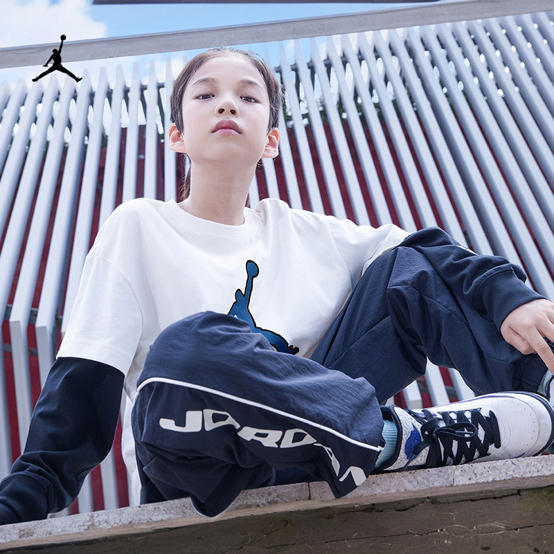 耐克乔丹大童纯棉长袖T恤春季新款男童运动复古针织JORDAN IU5372