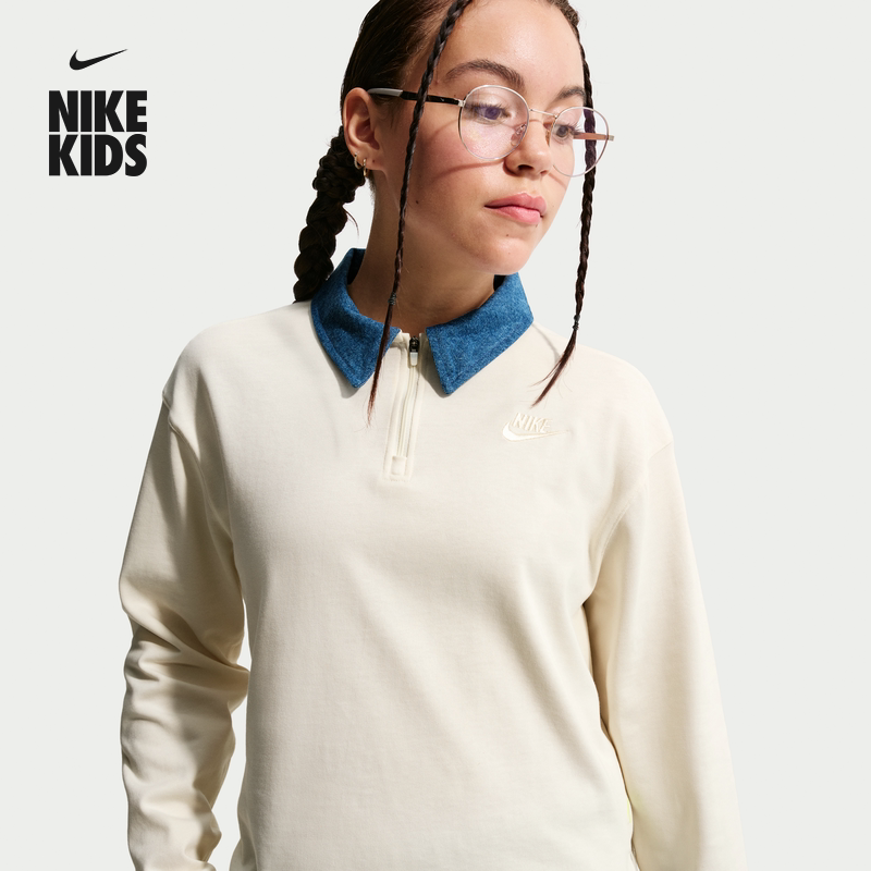 耐克大童超宽松长袖POLOS春季新款女童纯棉翻领T恤NIKE IF2311