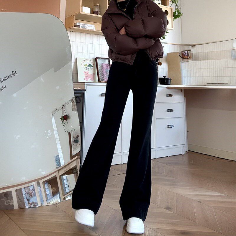 GULIBERRY黑色不贴腿微喇牛仔裤女大码胖mm显瘦高腰弹力喇叭裤