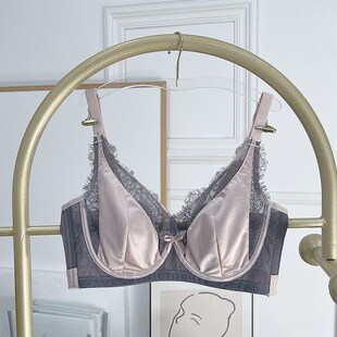 GULIBERRY缎面性感内衣女大胸显小防下垂收副乳超薄款 文胸套装