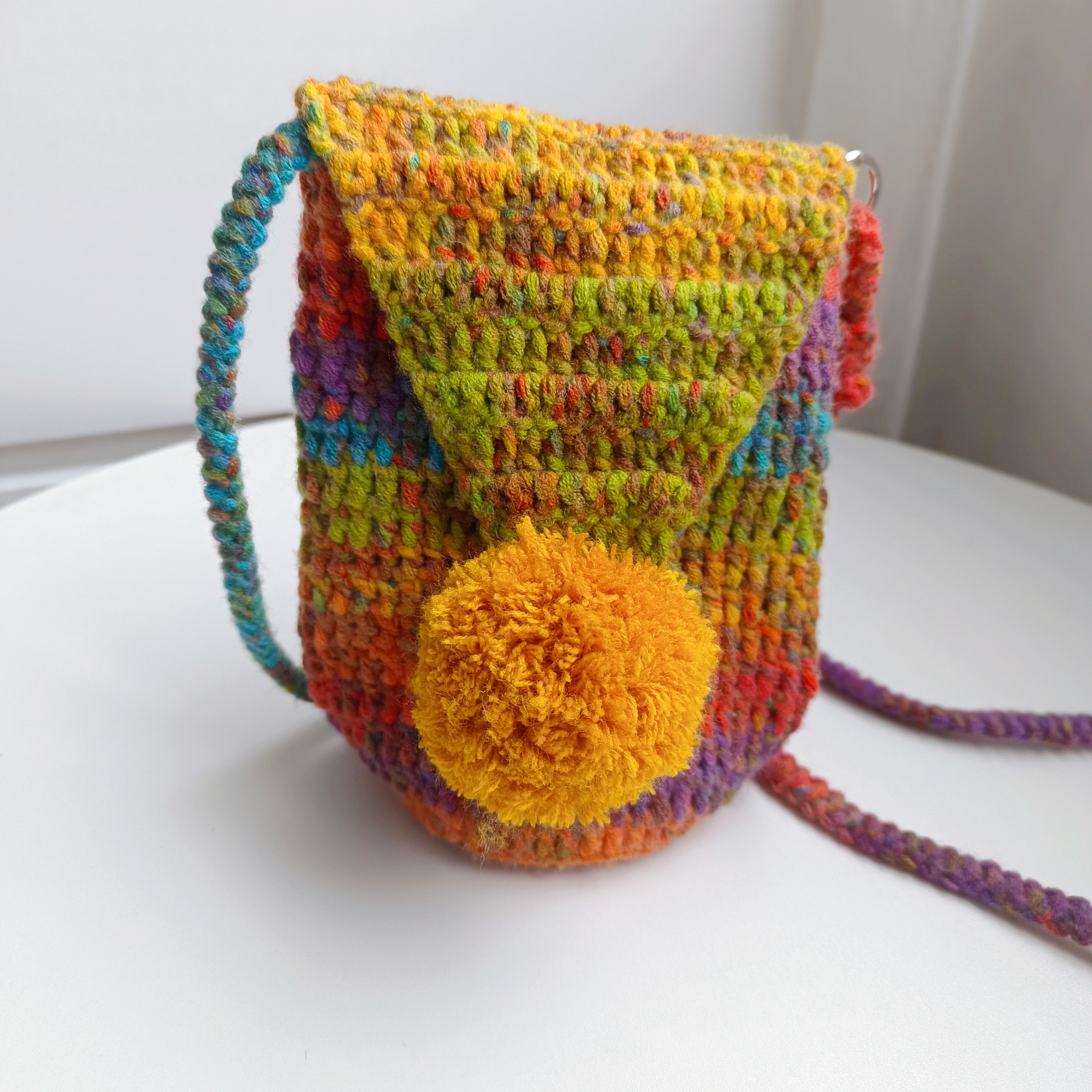 成品滟秋毛线手机包森系编织包创意礼品冬季彩虹色斜挎包