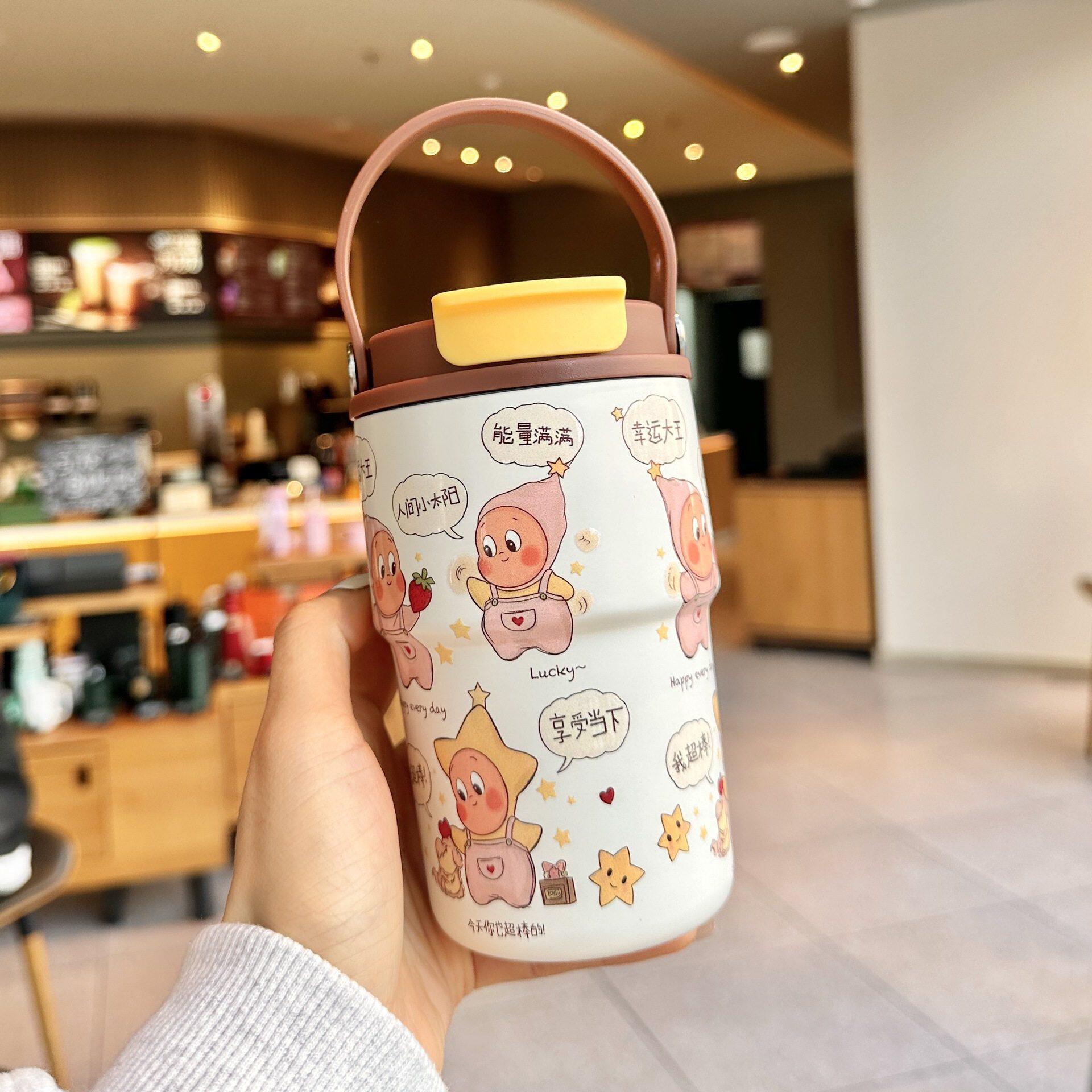 跨境新款户外手提咖啡杯双层陶瓷内胆保温杯小巧便携双饮吸管杯