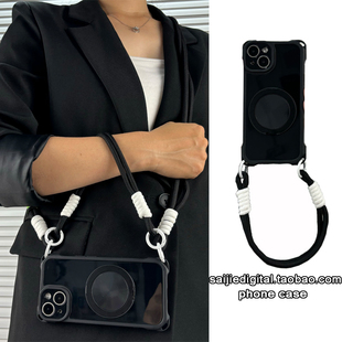 黑色旋转支架适用iPhone15/16手机壳苹果13/14pro max斜挎挂绳11/12磁吸xr可背带xs创意7plus高级感8P小众潮p