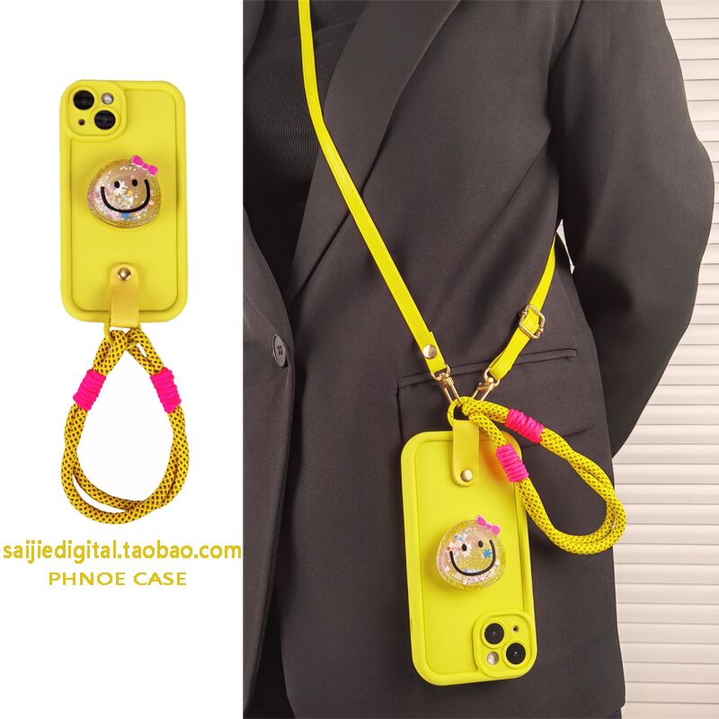 夏日柠檬黄笑脸流沙支架oppo RENO11/10/9/8/7/6/5/4手机壳Pro女A1/A2斜挎挂绳A58x新款A72可背带K11创意软X