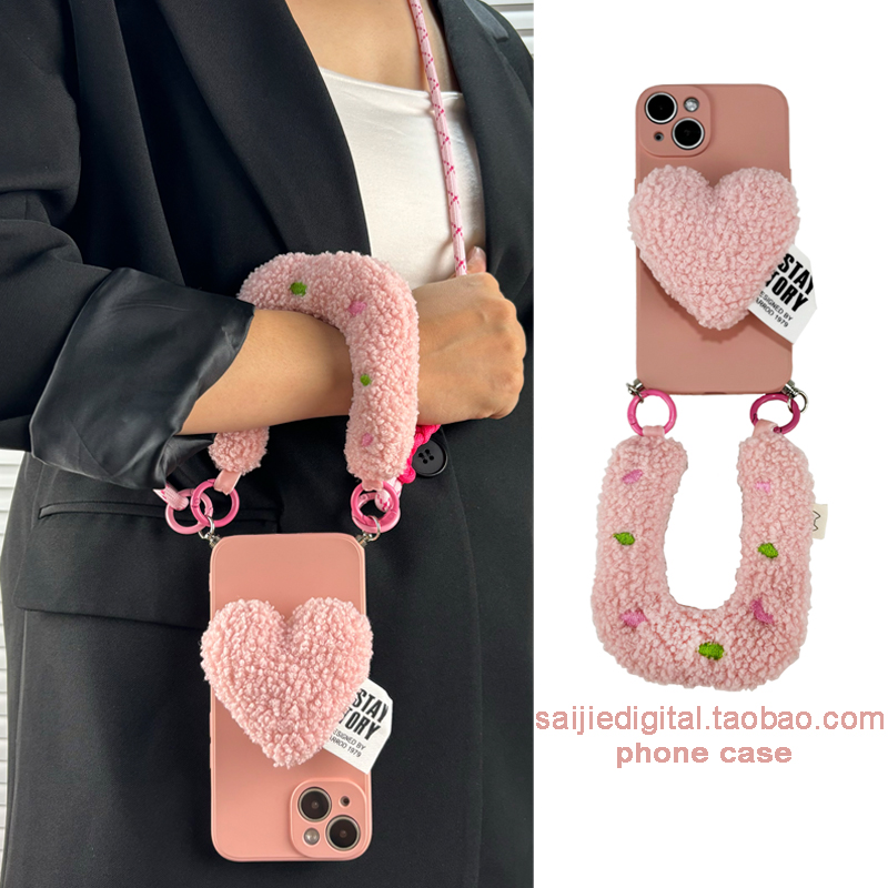 少女粉毛绒手腕带适用oppo RENO12/11/10/9/8/7/6/5/4/3手机壳pro斜挎挂绳a2手提A3女findx8秋冬爱心x7时尚x6
