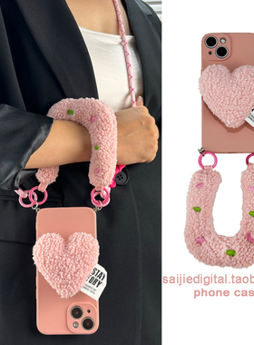 少女粉毛绒手腕带适用oppo RENO12/11/10/9/8/7/6/5/4/3手机壳pro斜挎挂绳a2手提A3女findx8秋冬爱心x7时尚x6