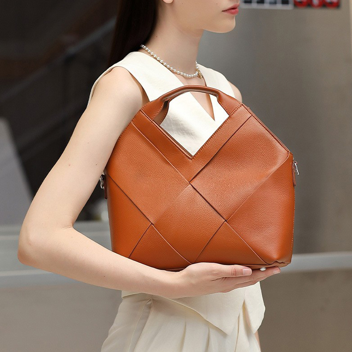 小众优雅倒三角真皮手提包头层牛皮编织子母包水桶包斜挎菜篮子包