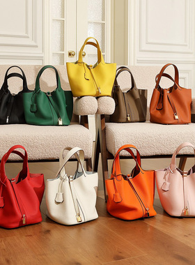 大号橙色菜篮子包头层牛皮红色真皮hobo手拎包橙色子母水桶包金扣