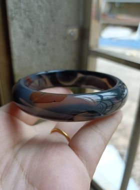 一物一拍巴西天然水墨丹青俏色黑玛瑙手镯中宽加厚女手环礼190