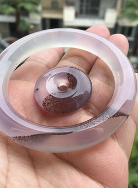 巴西天然紫朱砂玛瑙手镯复古圆条精美套装平安扣吊坠女原石玉髓2