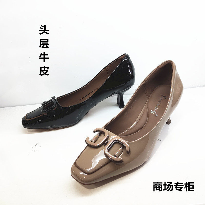 商场专柜2024年新款春季高跟鞋女鞋粗跟单鞋软底浅口皮鞋中跟真皮