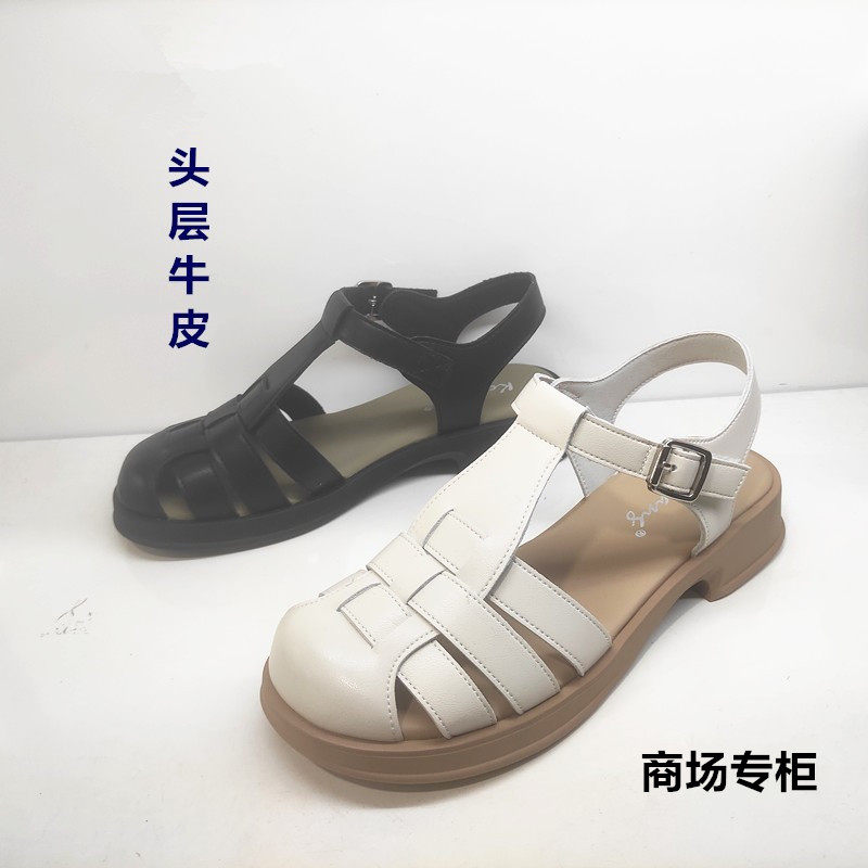 商场粗跟罗马超纤圆头真皮女凉鞋