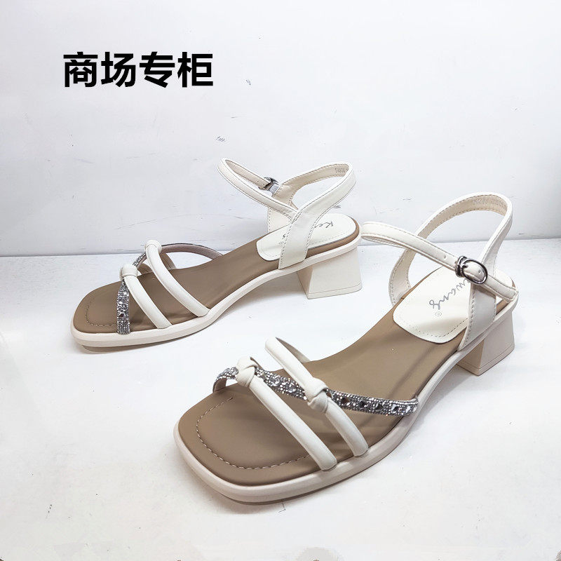 法式仙女风带钻一字带女凉鞋粗跟