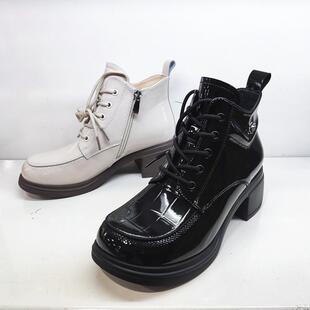 商场短靴真皮亮面2024秋冬新款 加绒女靴子粗跟中跟超轻马丁靴 时尚