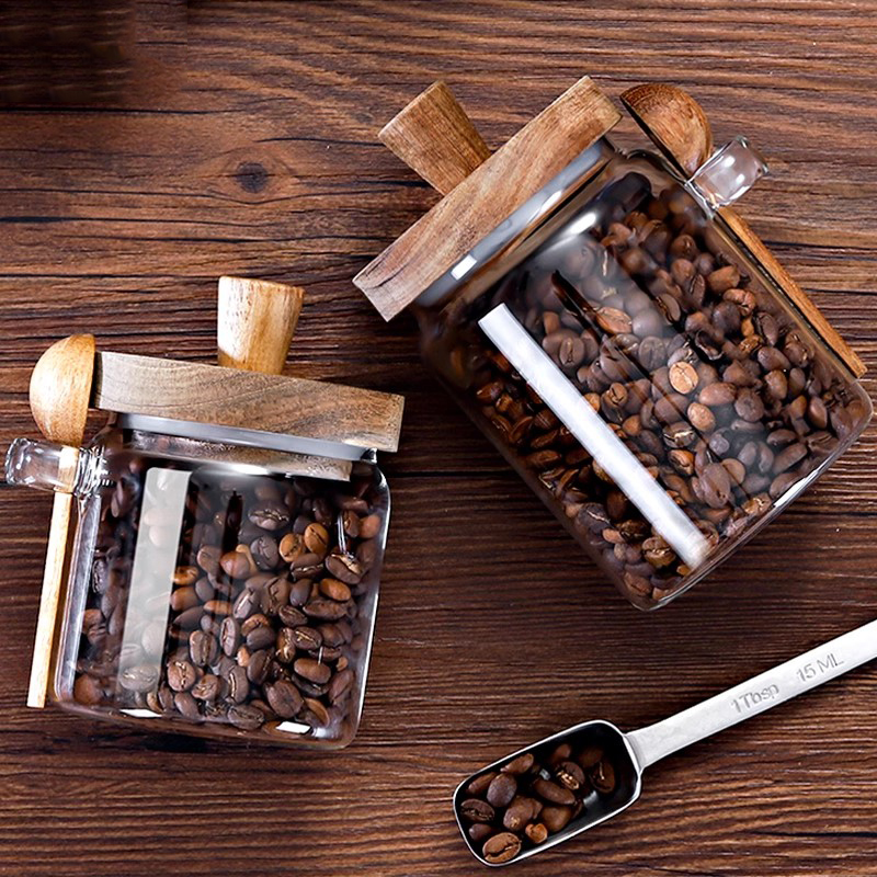 咖啡豆保存罐玻璃密封罐带勺小瓶子豆子收纳盒咖啡粉储存罐茶叶罐
