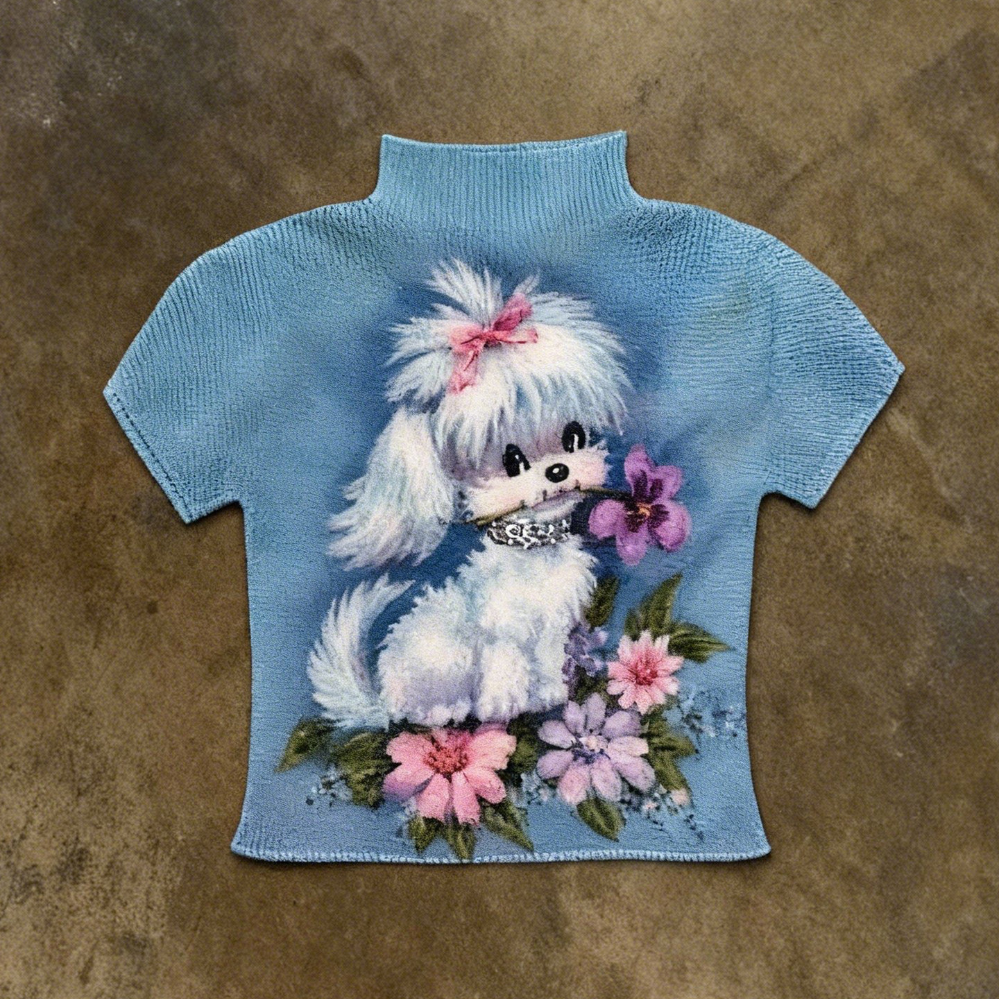 Y2K 千禧辣妹风天蓝色狗狗印花T恤亚文化针织肌理感高领短袖上衣