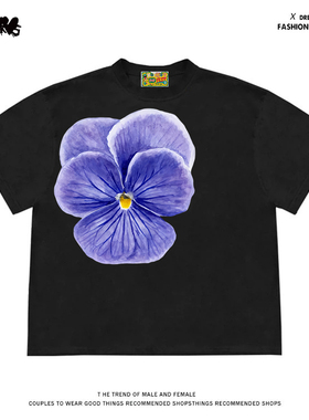 4HEARTS 紫色花朵趣味小众高街潮流青春复古OS宽松男女款短袖T恤