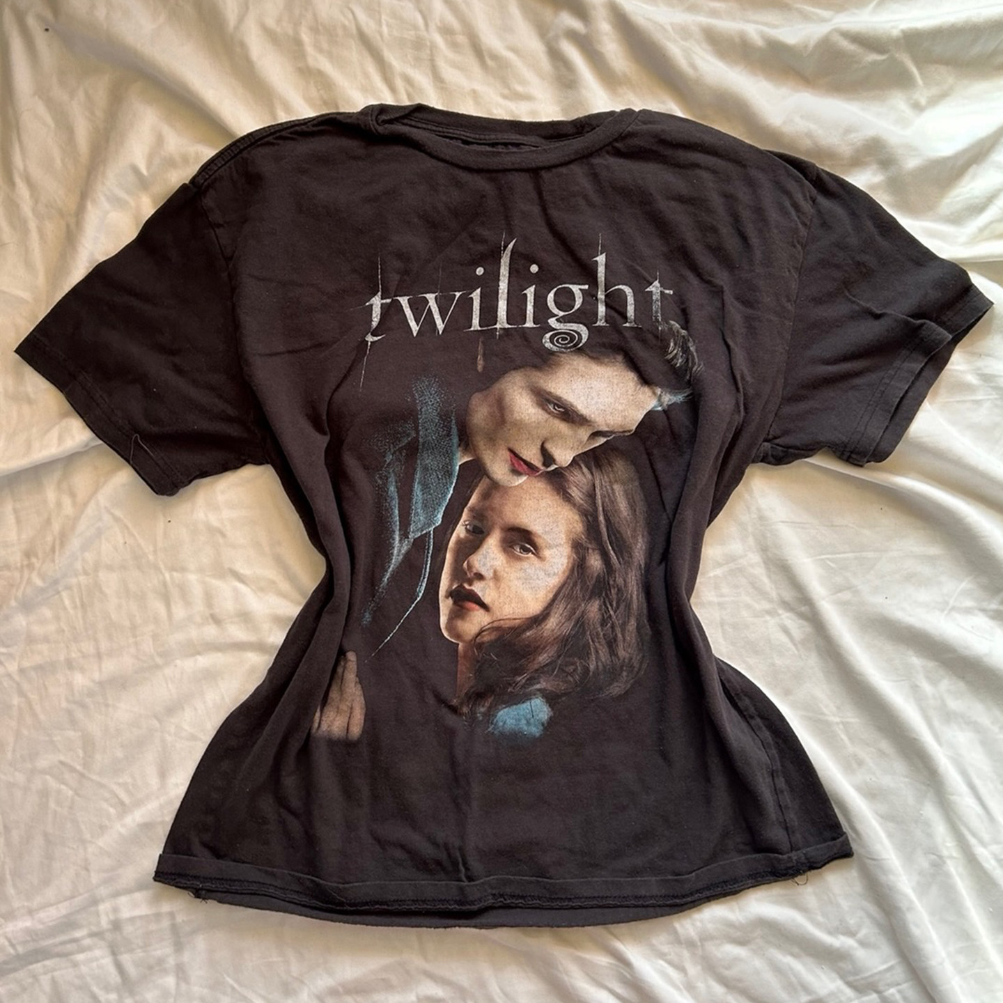 暮光之城 Edward&Bella 印花短袖T恤Y2k收腰做旧感影迷周边上衣