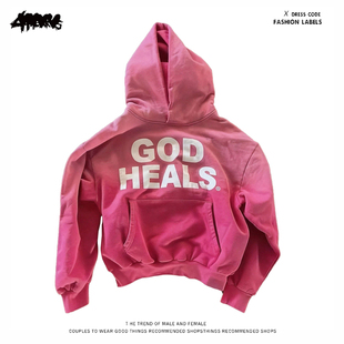 y2k hoodie美式高街风字母印花连帽卫衣男女同款宽松潮流上衣粉色