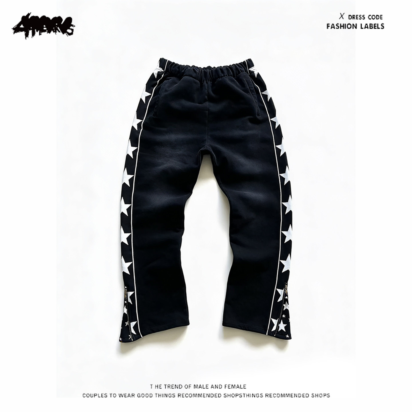 y2k hoodie街头休闲风星星印花卫裤女宽松直筒长裤黑色侧条纹裤子