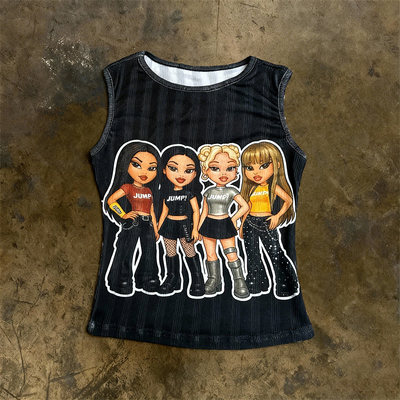 Y2k 甜酷辣妹风贝兹娃娃印花吊带背心女 收腰显瘦设计感上衣