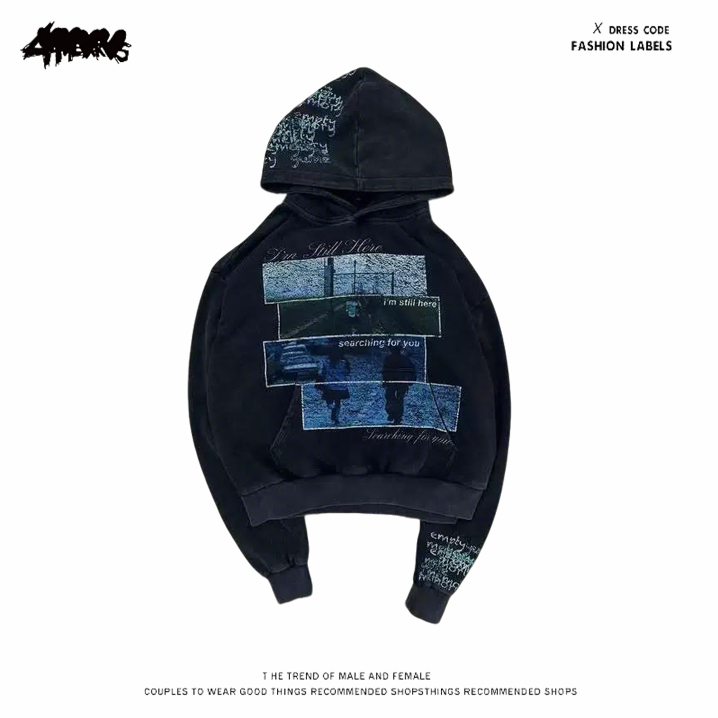 y2k hoodie~美式街头风连帽卫衣男女宽松印花套头潮牌上衣黑色