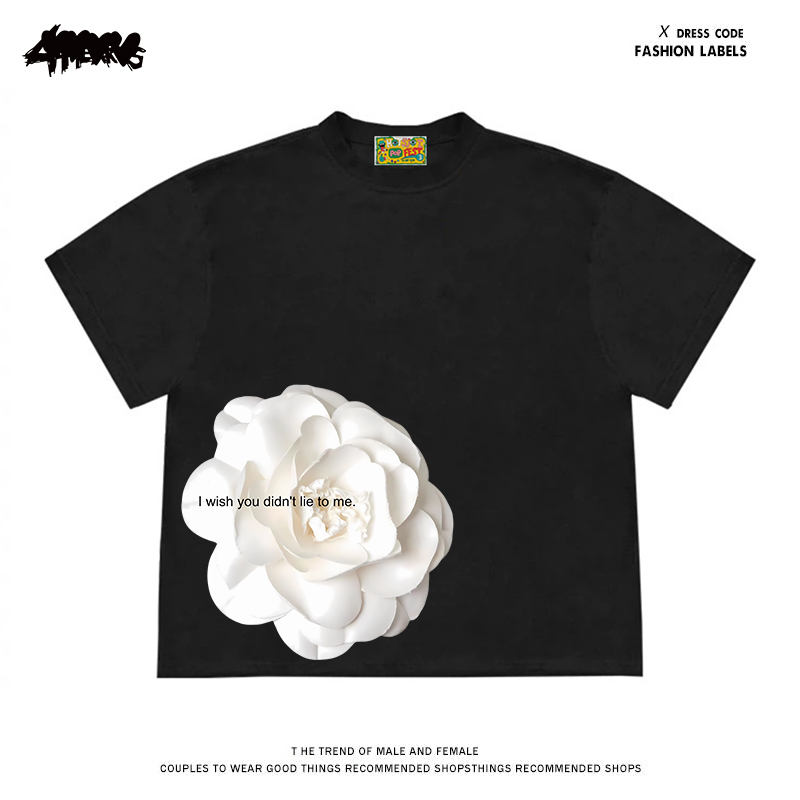 4HEARTS 小众领口玫瑰花字母印花设计design款男女款休闲短袖T恤