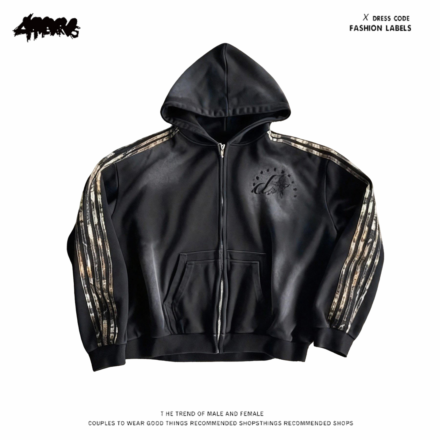 y2k hoodie~街头休闲风黑色连帽拉链卫衣男女同款迷彩拼接外套