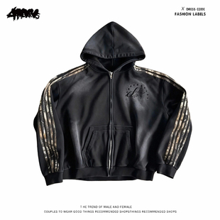 y2k hoodie~街头休闲风黑色连帽拉链卫衣男女同款迷彩拼接外套