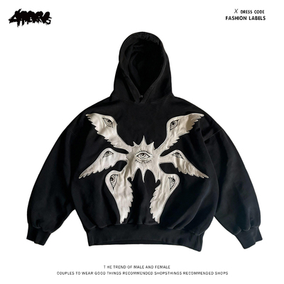 y2k hoodie~天使刺绣连帽卫衣男女暗黑风多眼睛贴布宽松长袖上衣