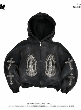 y2k hoodie~美式高街风十字架印花连帽卫衣男女做旧拉链外套暗黑