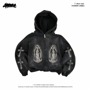 y2k hoodie~美式高街风十字架印花连帽卫衣男女做旧拉链外套暗黑