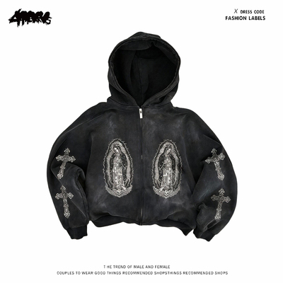 y2k hoodie~美式高街风十字架印花连帽卫衣男女做旧拉链外套暗黑