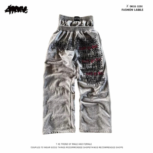 y2k hoodie~美式街头风印花涂鸦宽松直筒长裤男女同款休闲裤灰色