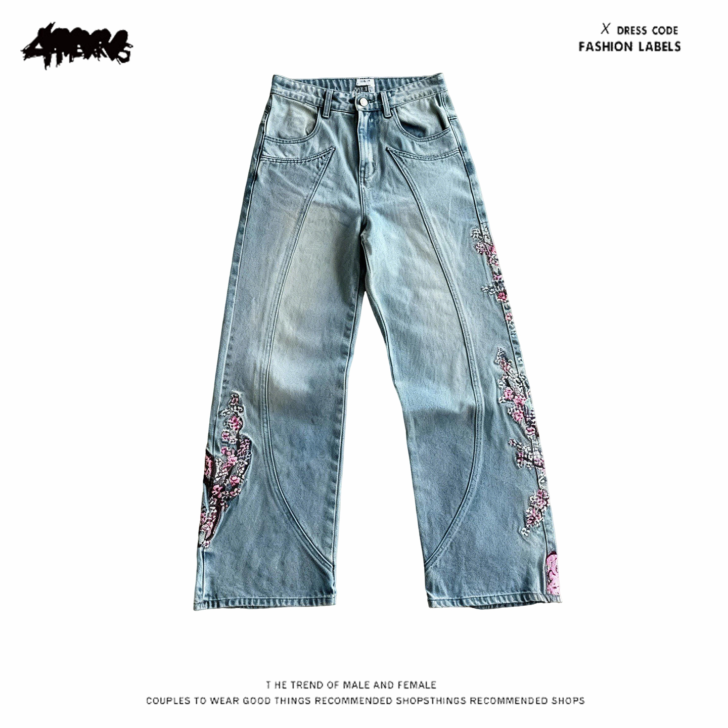 y2k hoodie~美式复古刺绣花朵直筒牛仔裤男女高腰显瘦百搭长裤