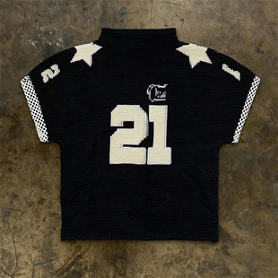 Y2k美式复古数字 21 星星印花短袖 T 恤 褶皱肌理感高领辣妹上衣