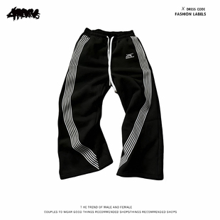 y2k hoodie街头风侧条纹卫裤男女同款宽松直筒长裤黑色百搭运动裤