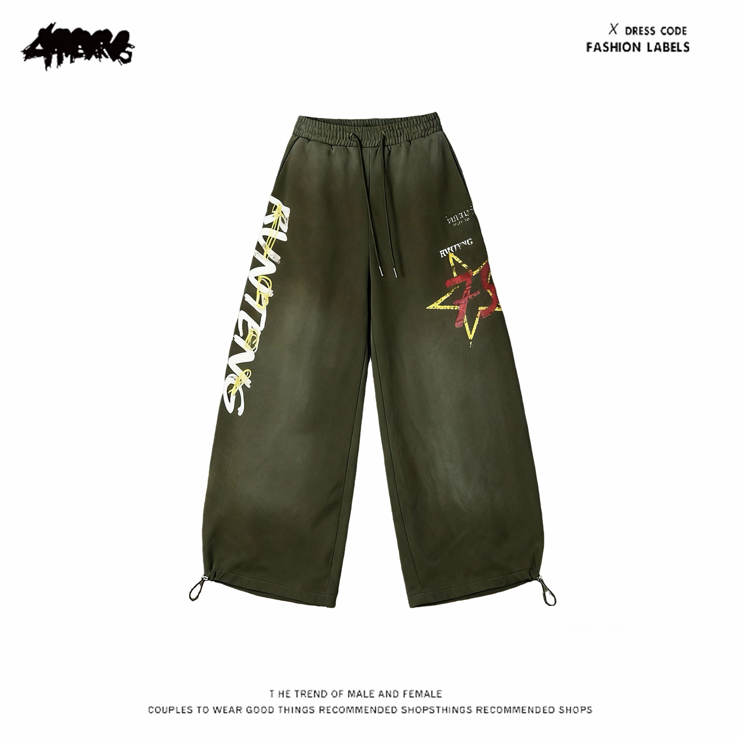 y2k hoodie~美式街头风绿色弯刀卫裤女星星字母印花宽松阔腿裤