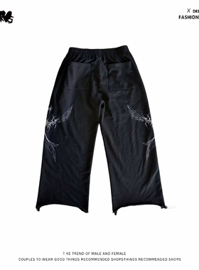 美y2k hoodie式酷感风黑色刺绣翅膀宽松阔腿卫裤男女街头垂感长裤