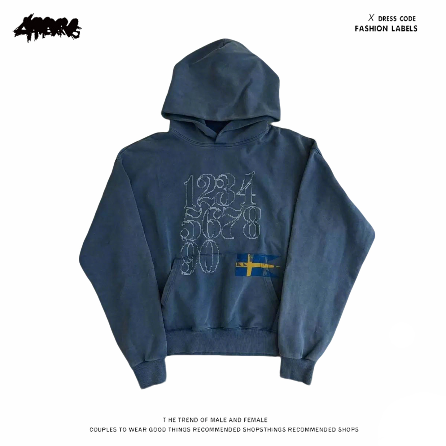 y2k hoodie街头vibe风连帽卫衣男女宽松做旧数字印花潮牌上衣蓝色