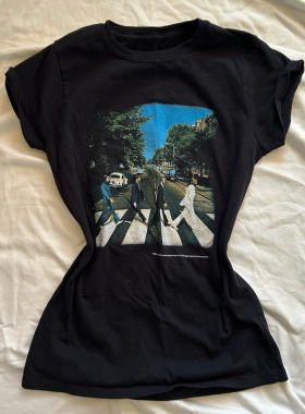 披头士AbbeyRoad过马路经典名场面印花修身短袖T恤女摇滚乐队上衣