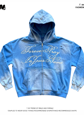 y2k hoodie~美式高街风连帽拉链卫衣男女宽松街头潮牌外套蓝色