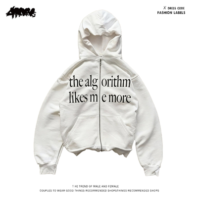 y2k hoodie~街头休闲风字母印花连帽卫衣女拉链开衫宽松白色上衣
