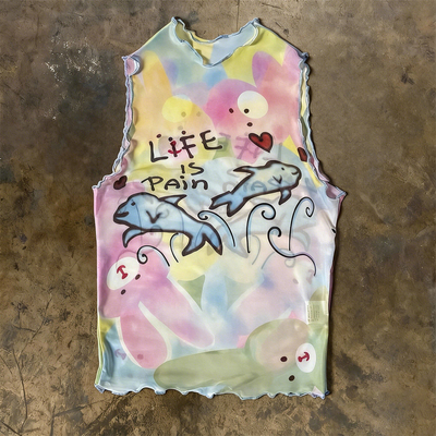 轻亚比文化 Y2K 辣妹风渐变网纱印花背心古着波浪边无袖上衣女