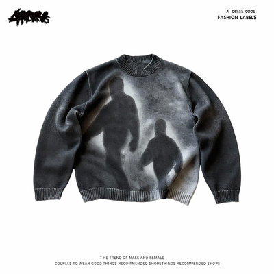 y2k hoodie美式复古人物印花针织衫男圆领套头毛衣宽松重磅设计感