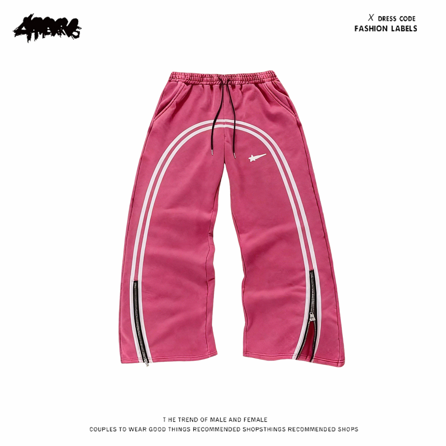 y2k hoodie美式休闲风撞色条纹卫裤女宽松直筒阔腿裤粉色运动长裤