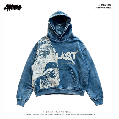 y2k hoodie~美式复古街头风印花连帽卫衣男宽松休闲蓝色潮牌上衣